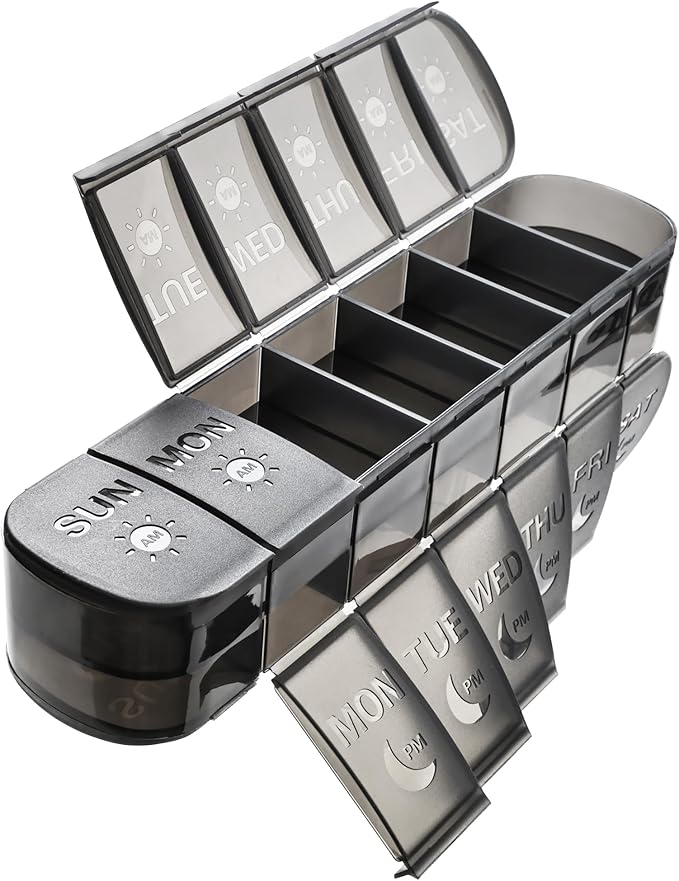 XL AM PM Pill Organizer 2 Times a Day, Fade Resistant Extra Large Weekly Pill Box 7 Day, Double-Sided 14 Compartments for Vitamins, Fish Oil, Supplements & Gummies (Black)