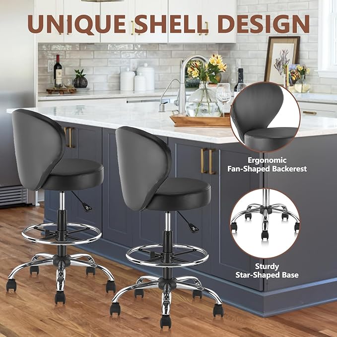 Leather Drafting Stool Chair Padded Seat 360° Swivel Rolling Stools Adjustable Height with Ergonomic Backrest and Footrest, Tall Office Chair for Standing Desk, Studio, Labs, Black, 4 Pack