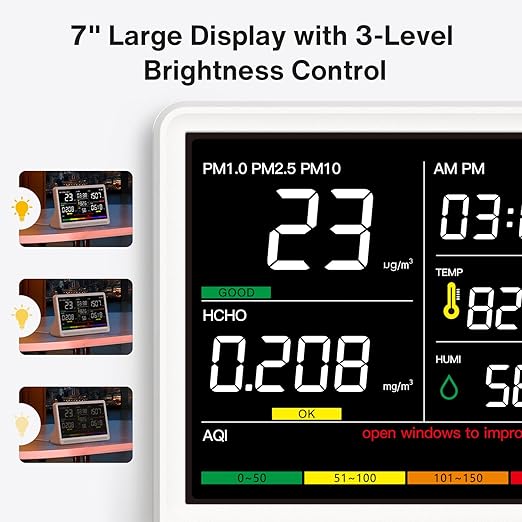 Upgrade Extended 12-Hour Battery Life 16 in 1 Air Quality Monitor Indoor with 7" Display, Professional Air Quality Meter for CO2, TVOC, PM2.5, PM1.0, PM10, HCHO, Temperature, Humidity, AQI & Time