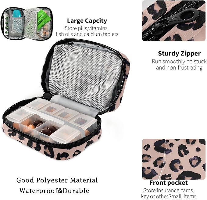 Fustylead Pink Leopard Print Travel Pill Organizer Case Zipper for Purse with Removable Weekly Pill Box for Medicine, Vitamin, Supplement Medicine Organizer