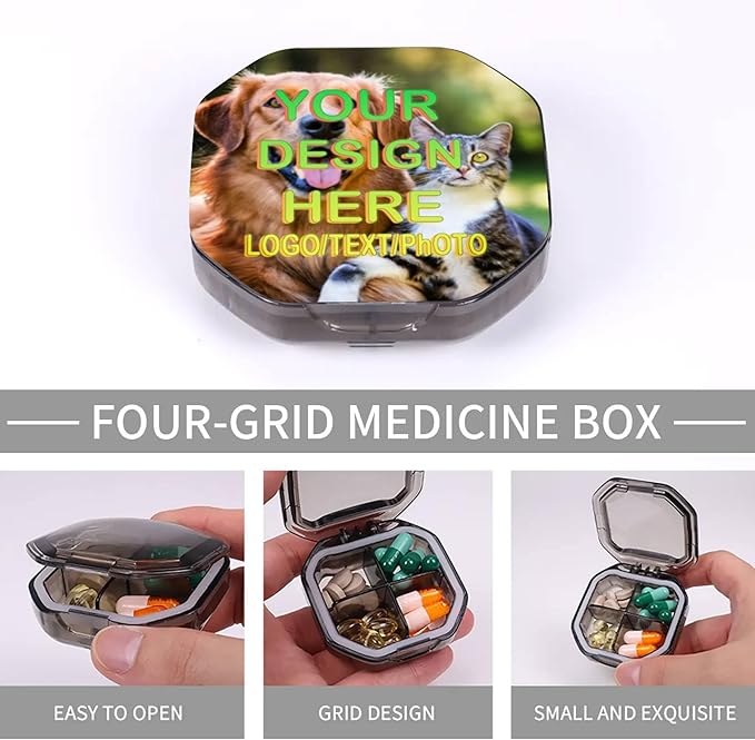 Customizable Portable 4-Compartment Pillbox, Printed with Your Photo, Text, and Logo. It can be Placed in Your Pocket or Wallet to Store Vitamins, Medicines/Health Supplements/Other medications.