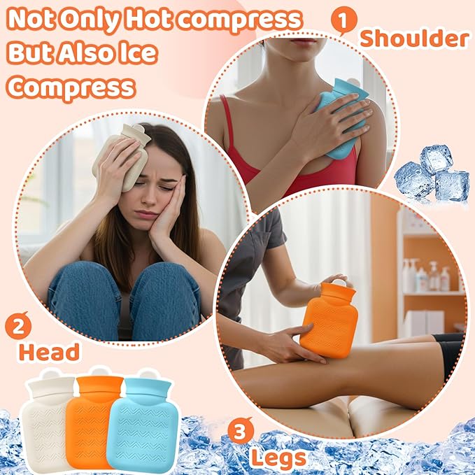 Amylove 3 Pcs Mini Hot Water Bottle for Hot & Cold Compress with Cover 320ml Silicone Microwave Heating Bottles Small Water Bag for Travel Holiday Gift(White, Blue, Orange,Heart Print)