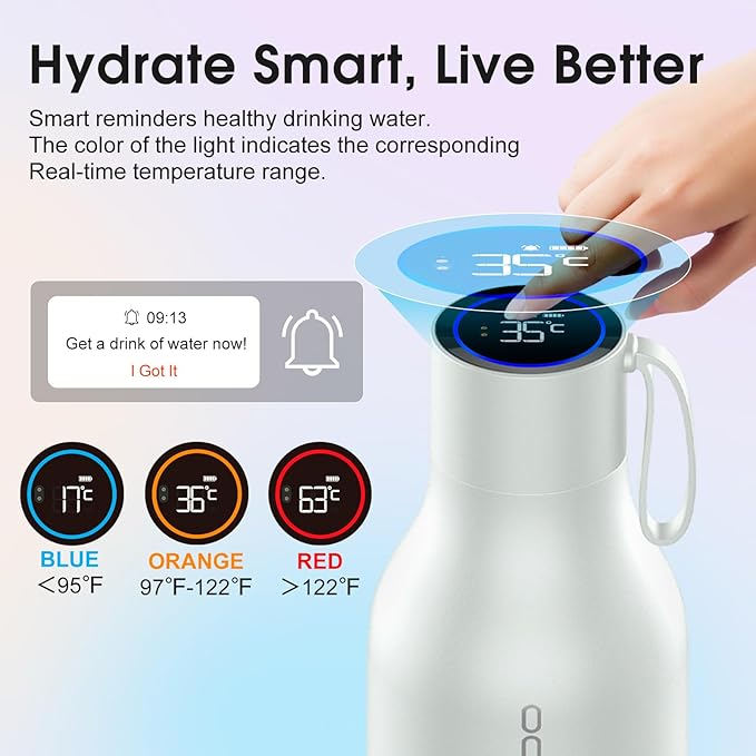 VSITOO 33oz Smart Self-Cleaning Water Bottle，Large Insulated Stainless Steel Bottle with AI Self-Clean, 30-Day Battery & Magnetic Charging for Outdoor Travel, Gym or Office, White