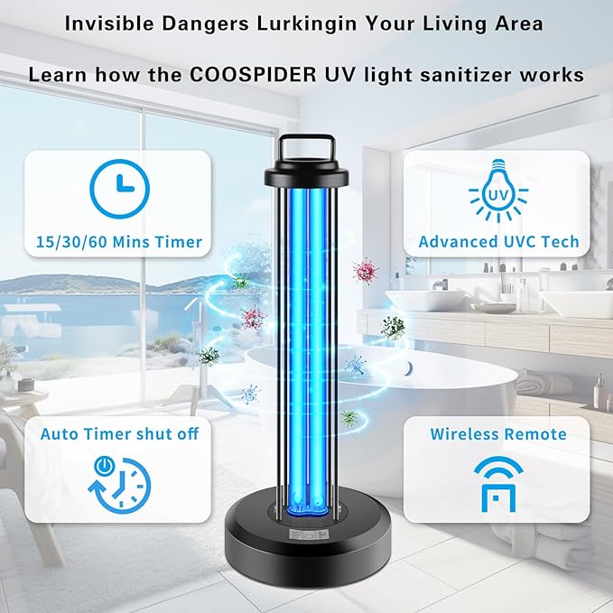 38W UV Light Sanitizer, Ultraviolet Lamp with Remote Control for Home, Office School, Hotel.99.99% UVC Cleaning Portable Lamp,3-Gear Timer 15/30/60 Minutes 110V Ozone Free