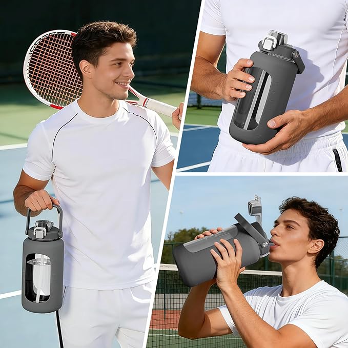 72oz Glass Water Bottle with 2-IN-1 Straw &Chug Lid, Large Motivational Glass Bottle with Capacity Marker and Silicone Sleeve, 2.1L Gallon Water Jug for Home, Sports, Gym, BPA Free-Gray