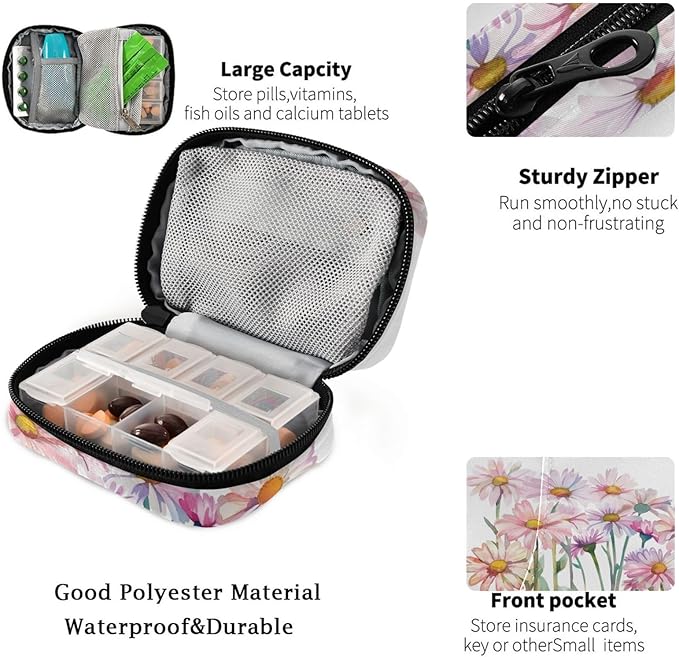 Fustylead Watercolor Beautiful Daisy Flowers Travel Pill Organizer Case Zipper for Purse with Removable Weekly Pill Box for Medicine, Vitamin, Supplement Medicine Organizer