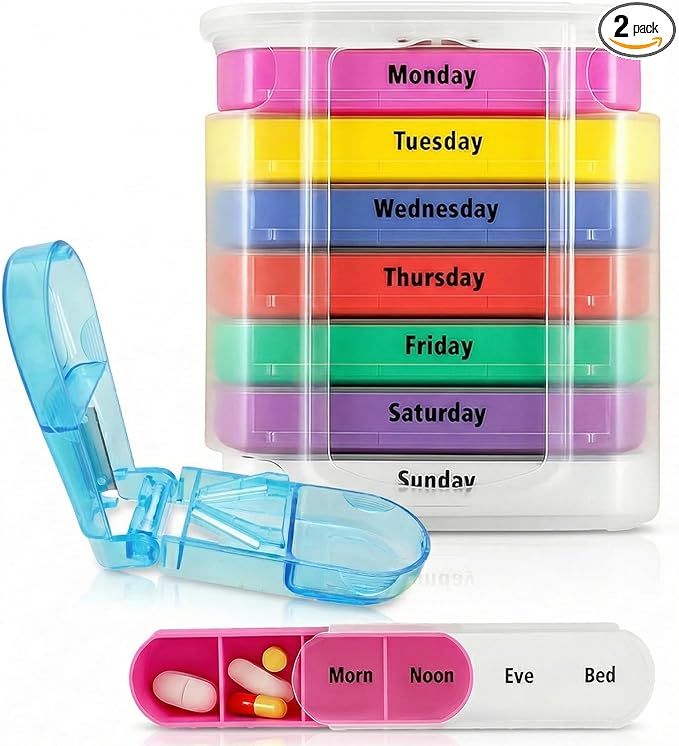 Vive Stackable Pill Organizer Tower with Pill Cutter, Splitter - 7 Days 4 Times A Day - Dispenser for Vitamins, Supplements and Medication - Weekly Stacking Pill Box Container with Travel Case