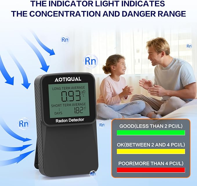 Digital Radon Detector LCD Display Dual USB Battery Power Options 3 Year Battery Life 10 Year Sensor Lifespan Accurate pCiL Concentration Detection for Home and Office Use