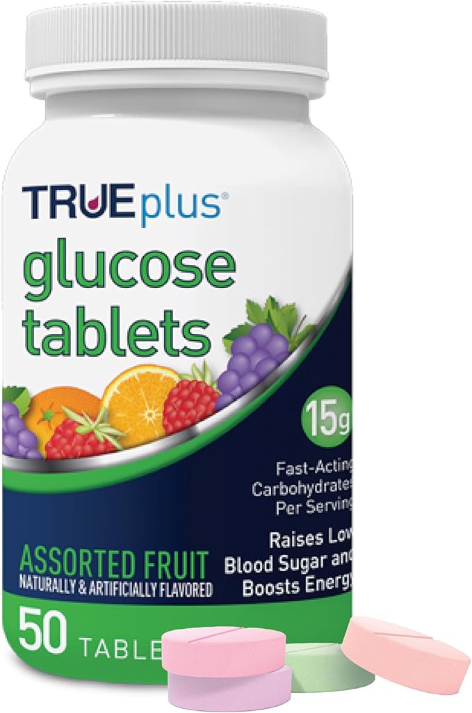 TRUEplus Glucose Tablets, Chewable, Grape, Raspberry, Orange Flavors, 15g Fast-Acting Carbohydrates, Fat Free, Gluten Free, Raise Low Blood Sugar and Boost Energy, 50 Count