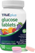 TRUEplus Glucose Tablets, Chewable, Grape, Raspberry, Orange Flavors, 15g Fast-Acting Carbohydrates, Fat Free, Gluten Free, Raise Low Blood Sugar and Boost Energy, 50 Count