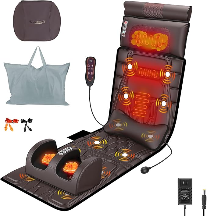 Full Body Massage Mat with Heat, Detachable Shiatsu Neck and Foot Massager, Vibration Massage Mat for Back Pain Relief, 9 Modes 3 Timers, Inflatable Lumbar Pillow, Home Office Gift for Men Women