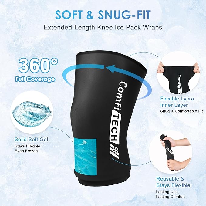 ComfiTECH 2 Pack Knee Ice Pack Wraps, Elbow Calf Brace Flexible Reusable Gel Cold Compression Sleeve for Soothing Meniscus Tear and ACL Discomfort, Muscle Relaxation, Sports Recovery, Medium