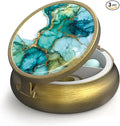 Small Pill Case Pill Box with Mirror Retro 3 Compartment Pill Holder for Purse or Pocket Bronze Portable Medicine Vitamin Container Fish Oil and Supplement Storage BPA-Free（Green Marble）