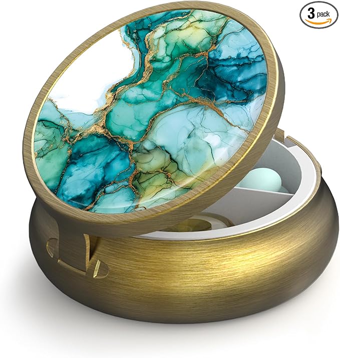 Small Pill Case Pill Box with Mirror Retro 3 Compartment Pill Holder for Purse or Pocket Bronze Portable Medicine Vitamin Container Fish Oil and Supplement Storage BPA-Free（Green Marble）