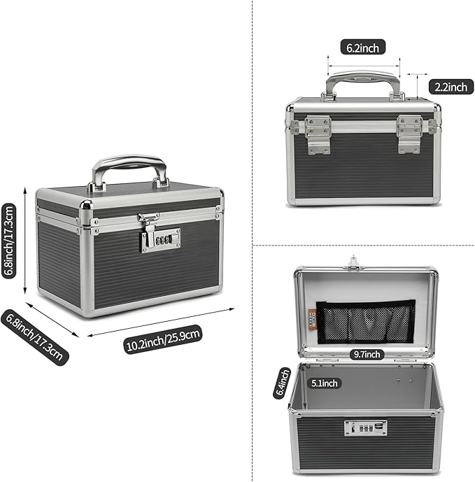 Lockable Medication Box with Portable Storage Case, 10.2 x 6.8 x 6.8 Inch, Childproof Medicine Lock Organizer, Lockbox for Secure Cash, Jewelry, ID Documents (Gray/Small)