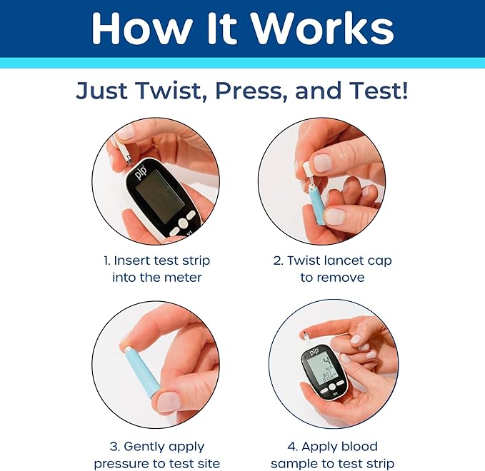 Pip Glucose Monitor Kit with 150 Test Strips and 160 Lancets - Complete Blood Sugar Testing Kit for Diabetes Care at Home | Includes Glucometer, Lancing Device, Travel Case & Diabetic Test Strips