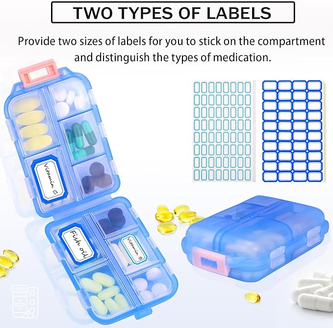 Travel Pill Organizer Portable Pocket Pill Case Small Pill Box for Purse Medicine Organizer Have 10 Compartments Storage Vitamin Fish Oil by INVODA (1PCS Blue+Lables)