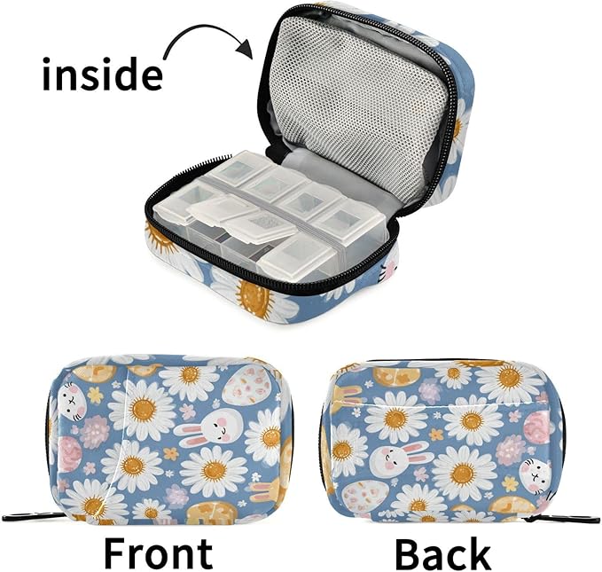 Daisy Bunny Travel Pill Organizer Case Box Container Weekly Portable Vitamin Medicine Holder Storage Bag with Zipper Removable