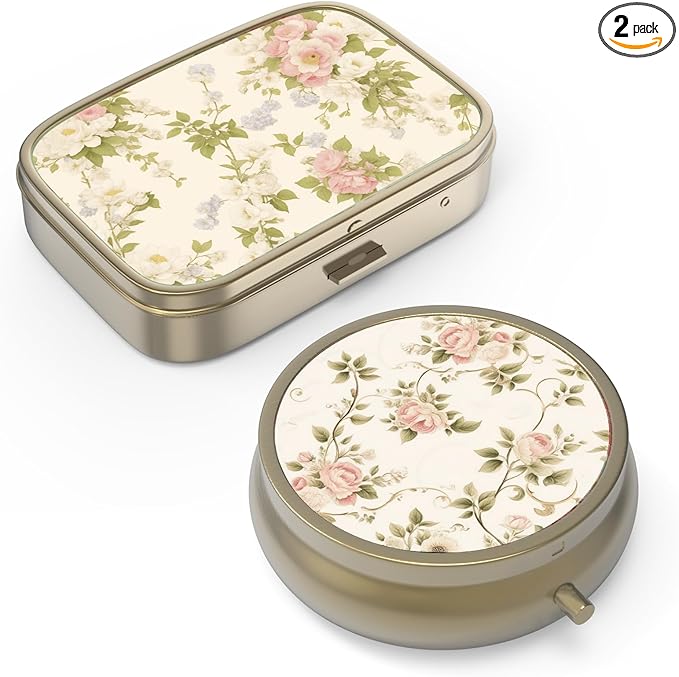 Pill Organizer Pill Box with Mirror Retro Small Pill Case for Purse or Pocket Bronze Pill Box or Vitamins, Fish Oil, Supplements, Pill Containe Travel Gifts（2PCS-Vintage Floral）