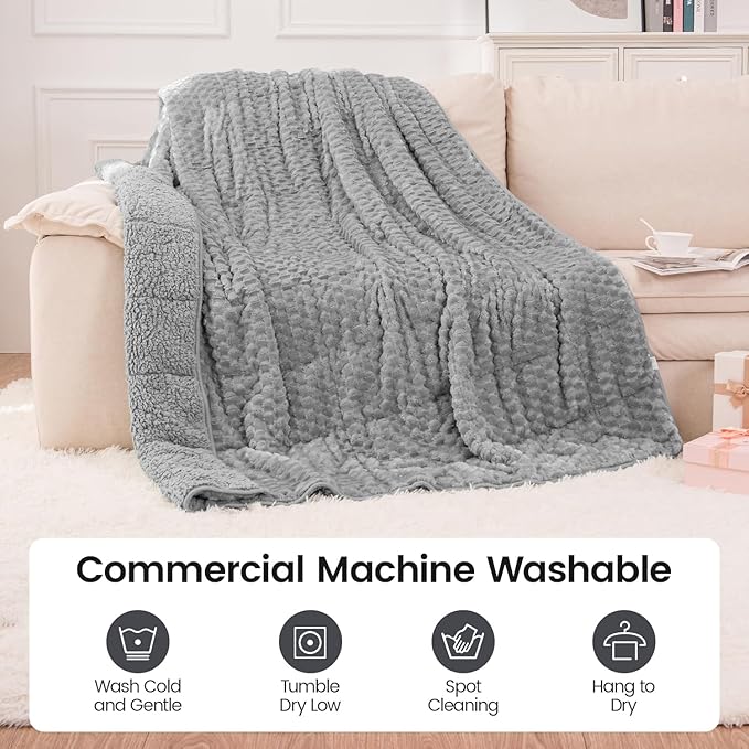 Super Fuzzy Soft Fleece Sherpa Weighted Blanket 15 lbs for Adults, 3D Imitation Turtle Shell Luxury Weighted Throw for Better Sleep, Dual Sided Cozy Heavy Blankets for Couch Bed, Grey, 48" x 72"
