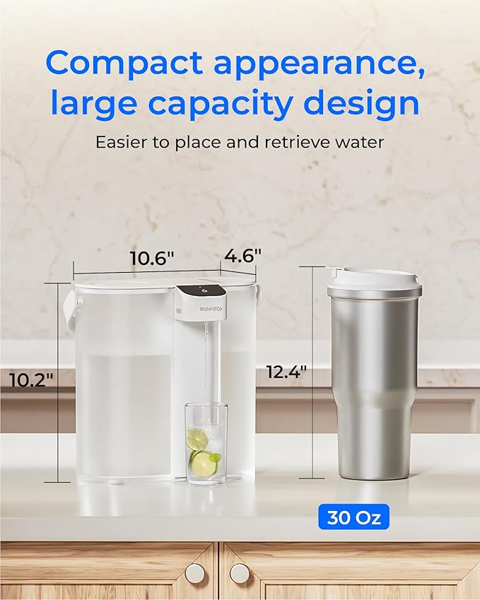 Waterdrop Compact Electric Water Filter Pitcher, 200-Gallon Rechargeable Instant Powerful Dispenser, NSF/ANSI 42&53&401, Reduce PFOA/PFOS, Lead, Chlorine, 14-Cup, White, with 1 Filter, NOT Reduce TDS