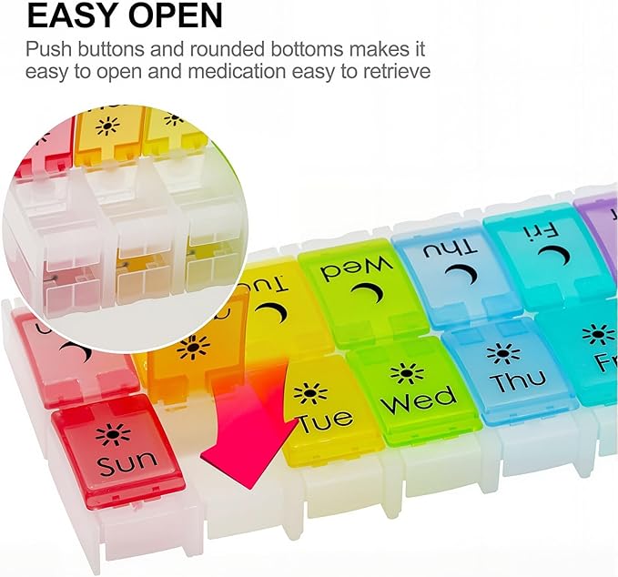 XL Large AM/PM Weekly Pill Organizer Arthritis Friendly, 2 Times a Day Pill Box with Spring Open Design, 7 Day Vitamin Case with Push Button Compartments