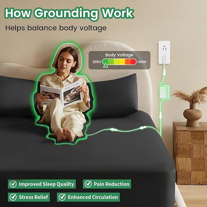 Grounding Sheets, 10% Silver Infused Bed Sheets Grounding Bed Sheets, 90% Organic Cotton Grounded 400 Threads Bedding, Deep Pocket Earth with Grounding Tester - [King 76"x 80"x 15", Obsidian Black]
