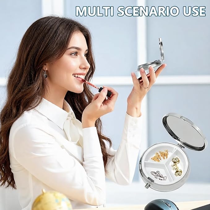 3-Compartment Pill Organizer with Mirror Retro Small Bronze Pill Case for Purse, Floral Design Travel Pill Box for Vitamins, Fish Oil, Supplements | Portable & Compact (Color C, Three Compartments)
