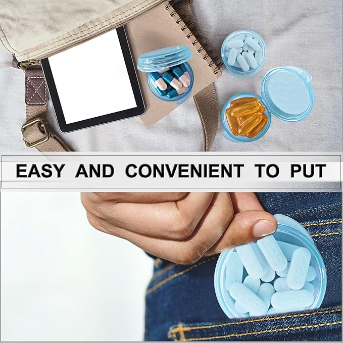 Pill Organizer for Pocket, Mini Pill Box for Pocket Purse, Portable Travel Pill Container, Small Secure Storage for Supplements & Daily Care (Black-Pink-Blue 6 PCS)