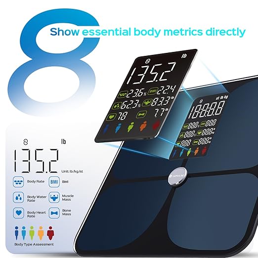 Lepulse Scale for Body Weight, Smart Digital Bathroom Weight Scale with BMI Muscle Mass 20 Body Composition Metrics,4.68"Large Display Body Fat Scales, Heart Rate, Accurate Bluetooth Weighing with App