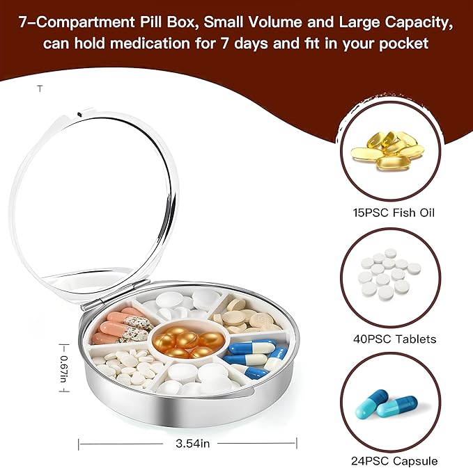 Weekly Pill Case, Medicine Planner, Vitamin Organizer Box, Portable Daily Pill Box with Compartments,Pocket Purse Metal Medicine Organizer Unique Gifts,Rose Gold Marble