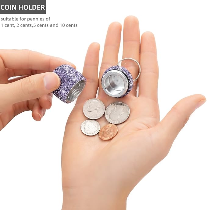 Keychain Pill Holder Bling Small Pill Box for Purse Portable Pill Case Organizer Cute Key Chain Pill Container Bottle for Capsule Vitamin Supplement(Purple)
