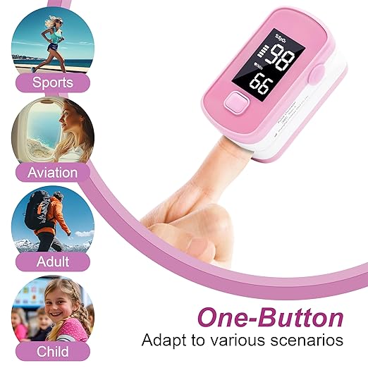 Pink Fingertip Pulse Oximeter,Blood Oxygen Saturation Monitor for Kids Adults, High Accuracy O2 Meter for All Skin,Battery and Lanyard Included (Pink)