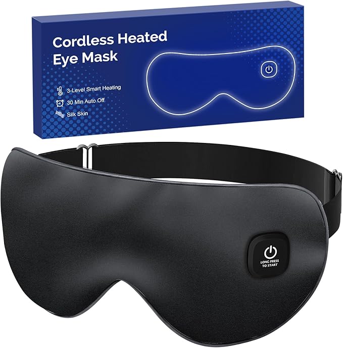 Cordless Heated Eye Mask for Dry Eyes, Blocking Light Warm Compress Rechargeable, 1000mAh Electric Eye Heating Pad for Sleeping, Washable Heat Sleep Mask with 3 Temperature Settings, Black