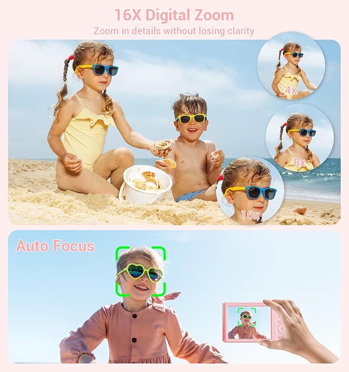 Digital Camera,Upgraded FHD 4K Pink Digital Camera for Teens Girls,Compact Digital Cameras with 64GB Memory Card,2 Batteries,Small Camera with 16X Autofocus Digital Zoom for Vlogging