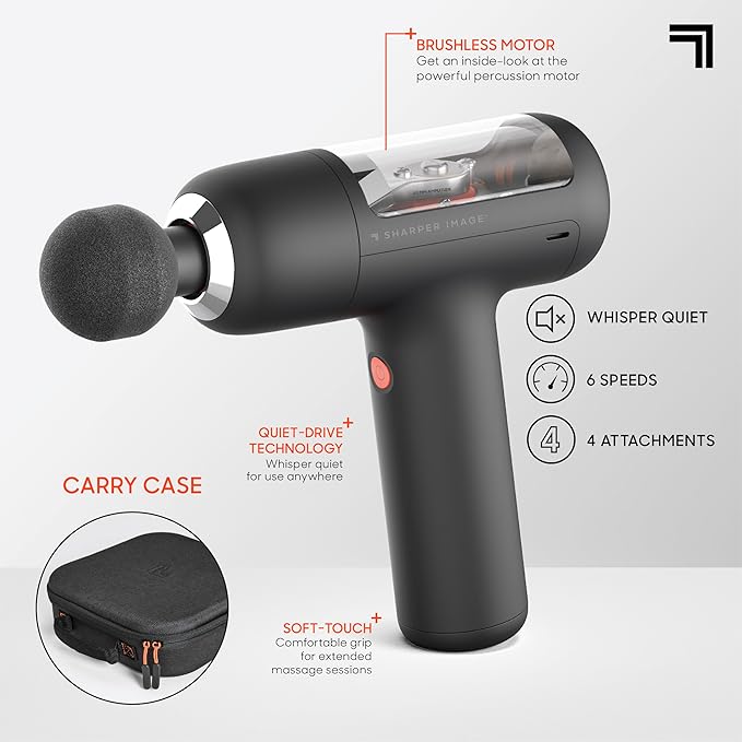 Sharper Image PowerBoost Circuit Massage Gun| Upgraded Deep Tissue Percussion Massager with 6 Speeds| 4 Attachments| Quiet Brushless Motor| Cordless Muscle Recovery Tool with Carry Case