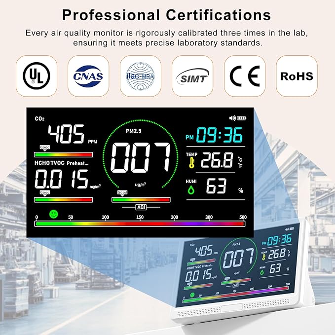 16 in 1 Air Quality Monitor Indoor 7" Display 9 AQI+7 AQI Alerts,Portable Air Quality Tester CO2, TVOC, PM2.5 PM1.0 PM10, HCHO Temperature Humidity Temp & Time Air Quality Meter for Home