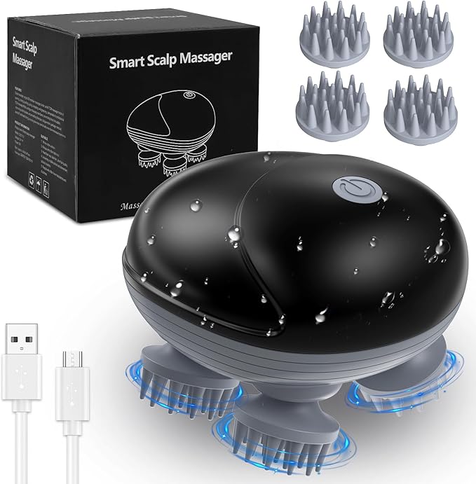 AMIR Electric Scalp Massager, Portable Head Scratcher with 96 Kneading Nodes, Handheld for Stress Relief and Pain Relief, Ideal Valentine‘s Day Gift for Her/Him (Black)