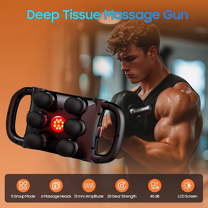 6-Head Massage Gun Set, Deep Tissue Percussion Massager with 5 Modes & 20 Intensities, Quiet Handheld Muscle Massager for Back, Shoulders, Legs & Feet, for Home, Office, Gym & Travel,