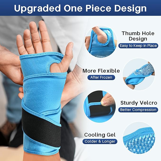Wrist Ice Pack Wrap for Carpal Tunnel Relief, Gel Ice Packs for Injuries Reusable for Wrist Hand Foot Ankle Knee Leg Pain, Hot Cold Compress Therapy Bandage Surgery Recovery Gifts Men Women (Blue)
