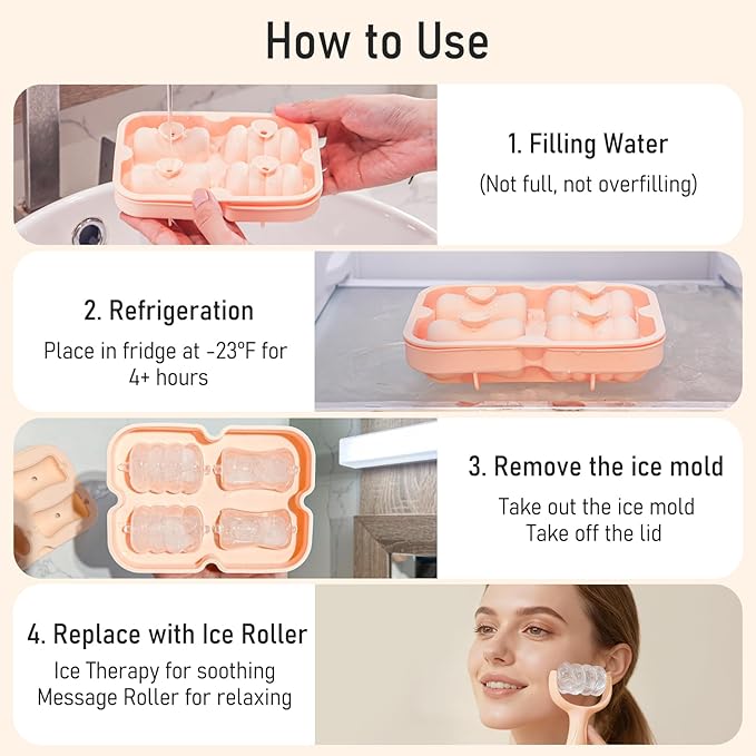 Ice Roller for Face, Reusable Facial Ice Roller for Eyes, Face, and Neck, 2 in 1 Massage Roller with Ice Face Mold and Silicone Textured Roller Head for Skin Care and Puffiness & Pain Relief, Pink