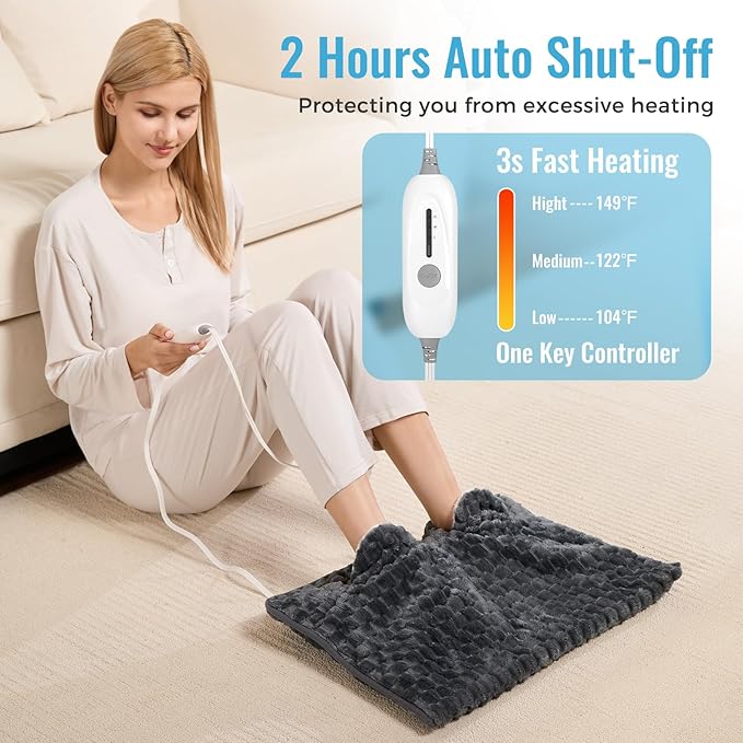 Electric Heated Foot Warmer Soft Flannel Foot Heater with 2h Auto Off & 3 Heat Levels Full Body Use Heating Pad for Feet, Abdomen, Cramps, Pain Relief Pocket Design 16" x 22" Dark Grey