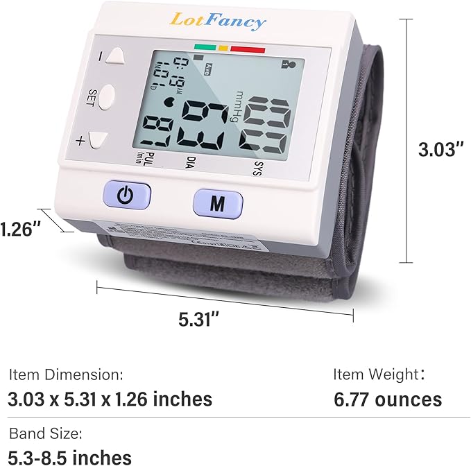 LotFancy Wrist Blood Pressure Monitor for Home Use, BP Cuff, Automatic Digital Blood Pressure Machine, BP Monitor, (5.3”-8.5”), 4 Users, 120 Memory, with Large Screen