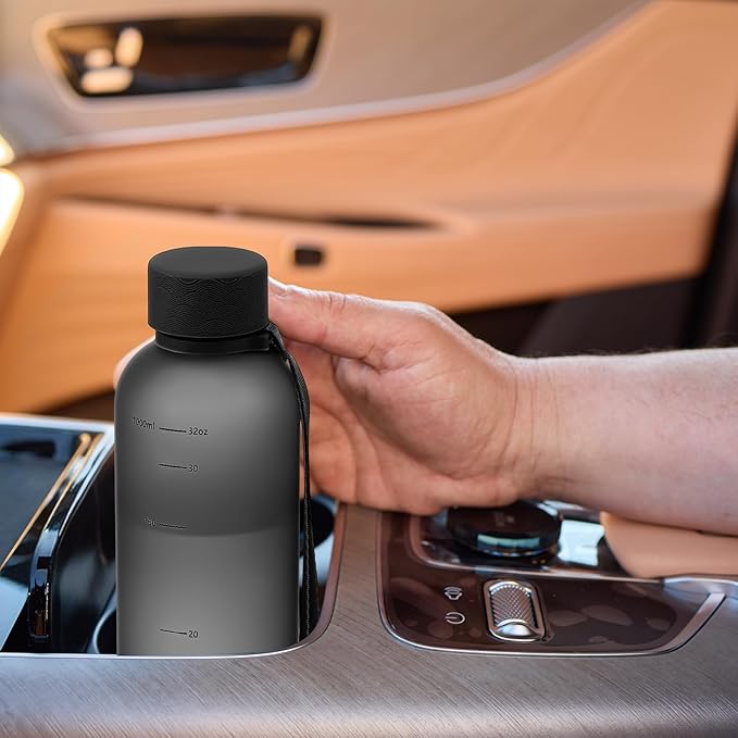 32oz Slim Water Bottle [Lightweight & Shatterproof] with Straw and 2 Lids, Stainless Steel Lid & Bamboo Straw Lid for Travel, Sports, School, Gym- Dishwasher Safe(Black Clear)