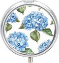 Blue Hydrangea Pattern Pill Box 3 Compartment Small Pill Case with Mirror for Purse & Pocket Travel Medicine Organizer Daily Medication Container Portable Pillbox Metal Medicine Box Round Meds Case
