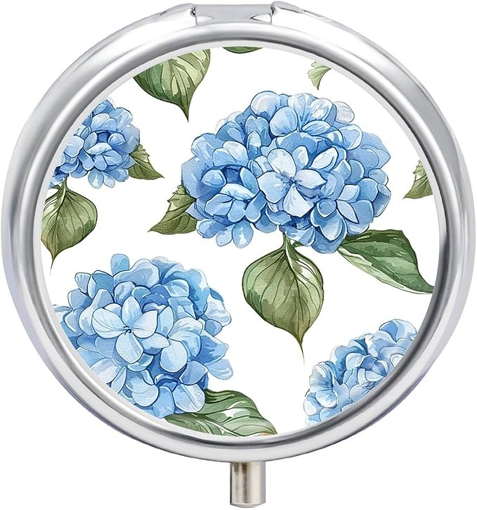 Blue Hydrangea Pattern Pill Box 3 Compartment Small Pill Case with Mirror for Purse & Pocket Travel Medicine Organizer Daily Medication Container Portable Pillbox Metal Medicine Box Round Meds Case