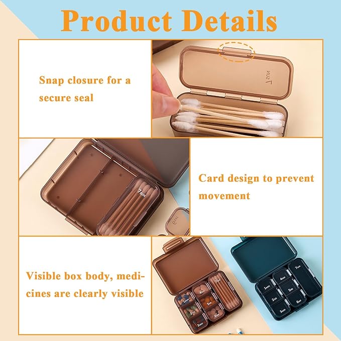 Weekly Pill Box Organiser for Pocket, Daily Medication Storage Case with 7 Compartments, BPA-Free Double Seal Waterproof, Storage for Vitamins, Fish Oil, Dietary Supplements (Brown)