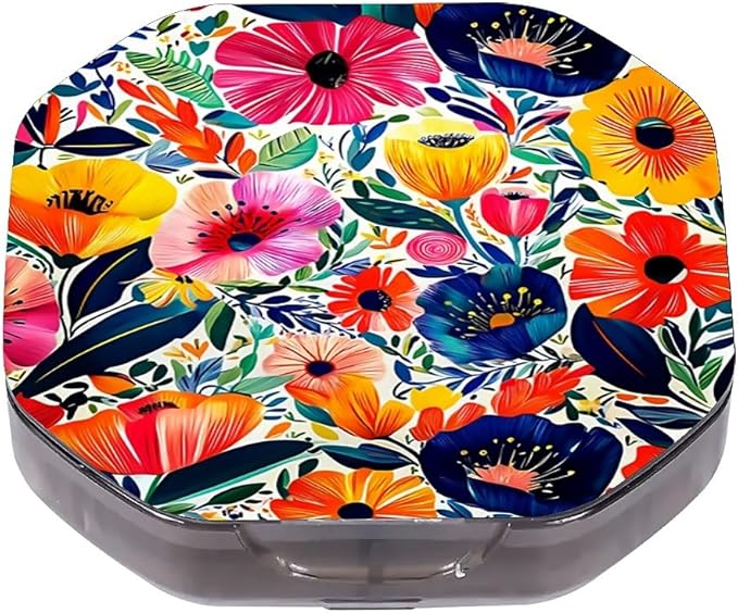This Portable Bohemian Style Flower Pattern 4 Compartment Pill Box Can Be Placed in A Pocket Or Wallet to Store Vitamins, Medicines Health Supplements Other Medications.