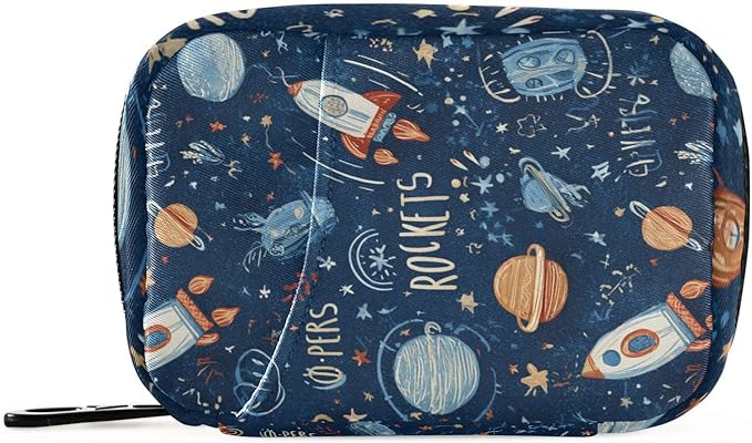 Dark Blue Space Rockets Planets Stars Travel Pill Organizer Case Box Container Weekly Portable Vitamin Medicine Holder Storage Bag with Zipper Removable