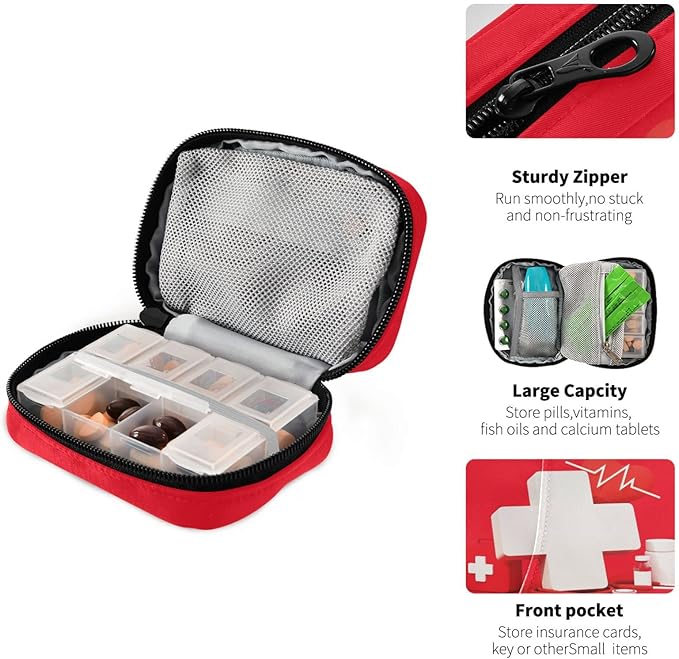 Red Cross Pill Box 7 Day Pill Case Bag Travel Pill Organizer Bag with Zipper Portable Weekly Case Compact Size for Vitamin Supplement Holder